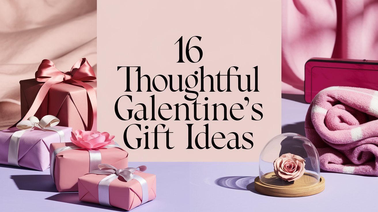 A display of wrapped gifts and a preserved rose under a glass dome. The background shows a soft pink fabric. Text in the center reads, 16 Thoughtful Galentine’s Gift Ideas.