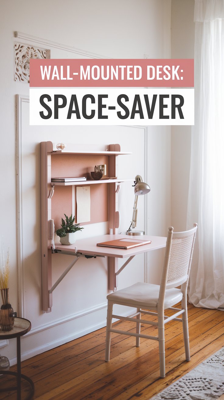 A cozy room features a pink wall-mounted desk with storage shelves, holding a few decorative items and books. A wicker chair faces the desk. Sunlight streams in from a window with sheer curtains. Text overlay reads: Wall-Mounted Desk: Space-Saver.