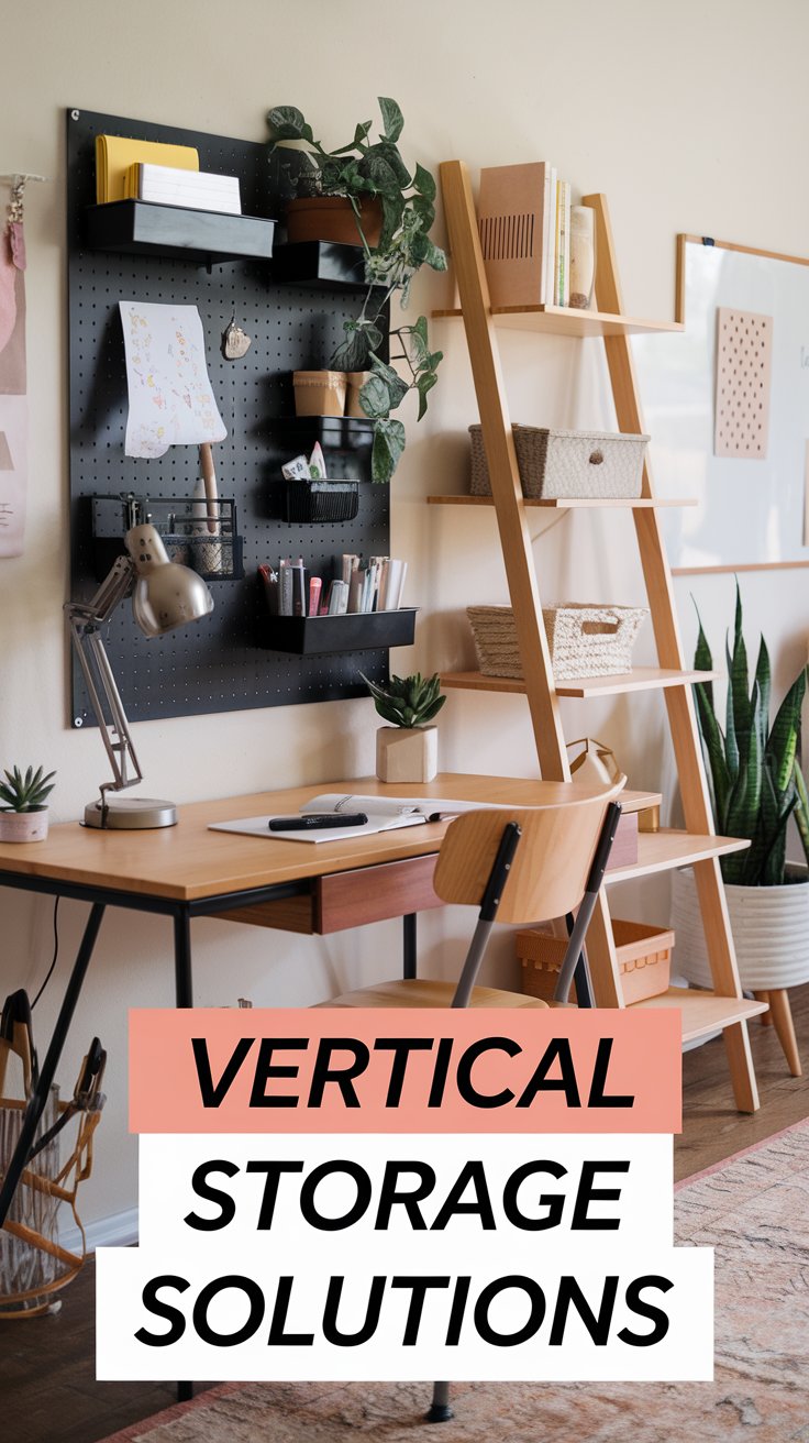 A tidy workspace features a desk with a black pegboard holding plants and supplies on the wall. A wooden ladder-style shelf with baskets is nearby. Text overlay reads, Vertical Storage Solutions.