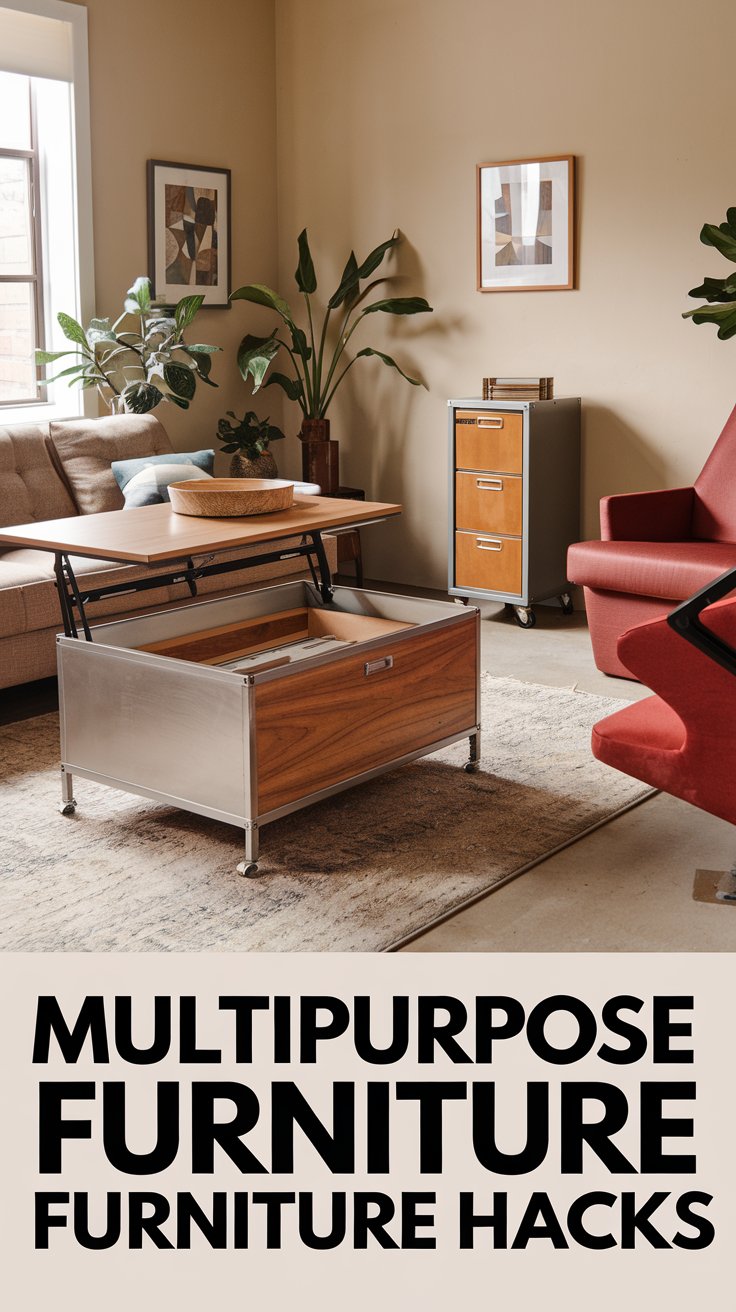 A cozy living room with a brown rug, a red armchair, and a modern coffee table with storage. Green plants, framed artworks, and a wooden storage unit enhance the decor. The text reads Multipurpose Furniture Furniture Hacks..