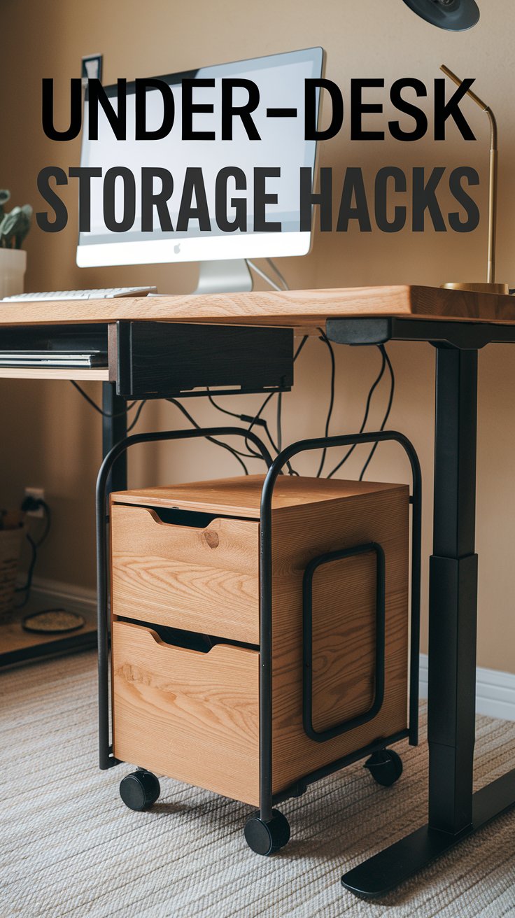 A wooden under-desk storage unit with black metal frame on wheels is placed under a desk holding a computer. The unit has two drawers. Text at the top reads, Under-Desk Storage Hacks. The room has a carpeted floor.