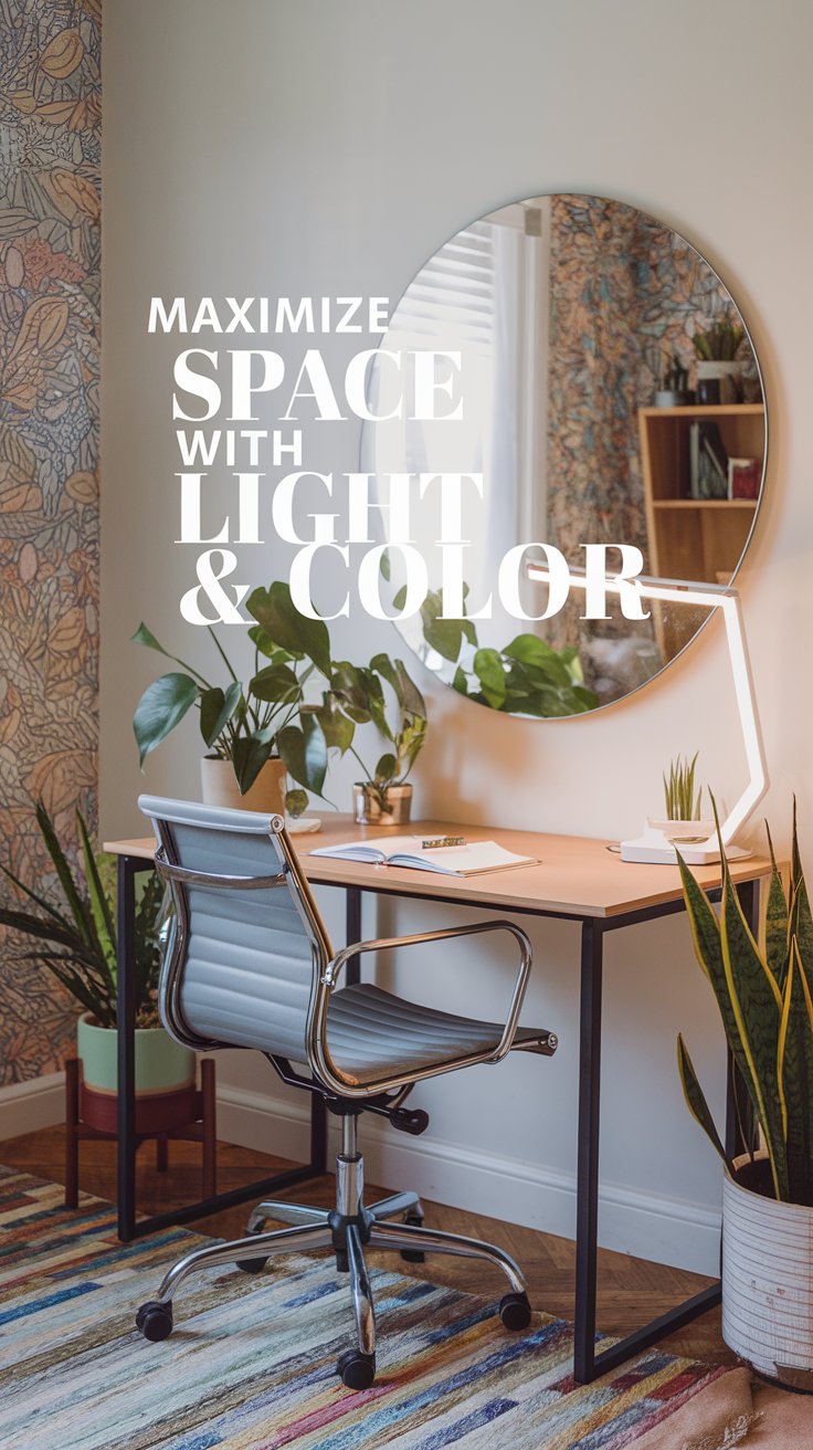 A modern home office with a sleek desk and chair. A large round mirror hangs above the desk, reflecting natural light. Plants and a pattern on the wall add color. Text reads Maximize Space with Light & Color.