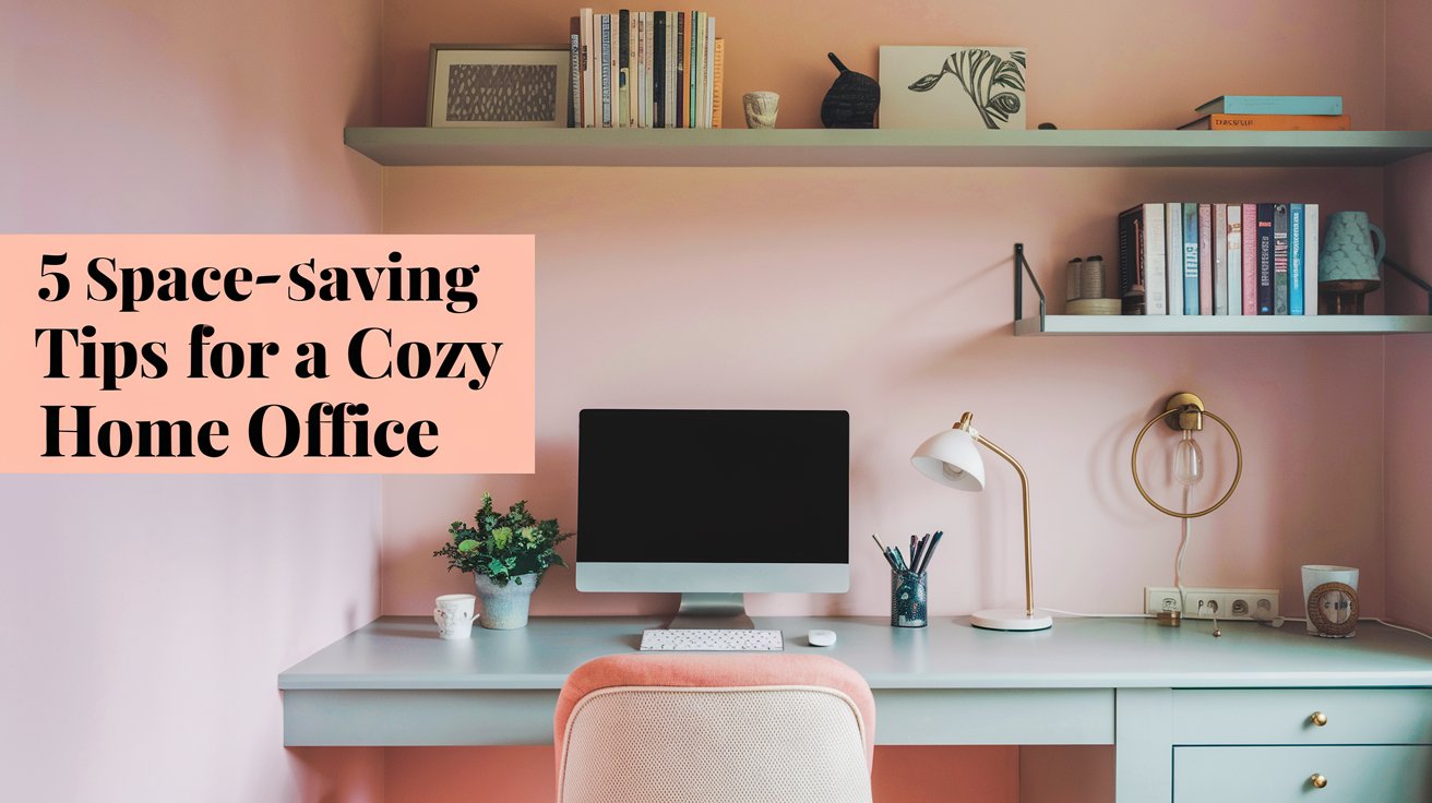 A modern home office with a light pink theme. A computer and lamp sit on a desk with a pink chair. Shelves above hold books and decor items. Text on the image reads, 5 Space-saving Tips for a Cozy Home Office.