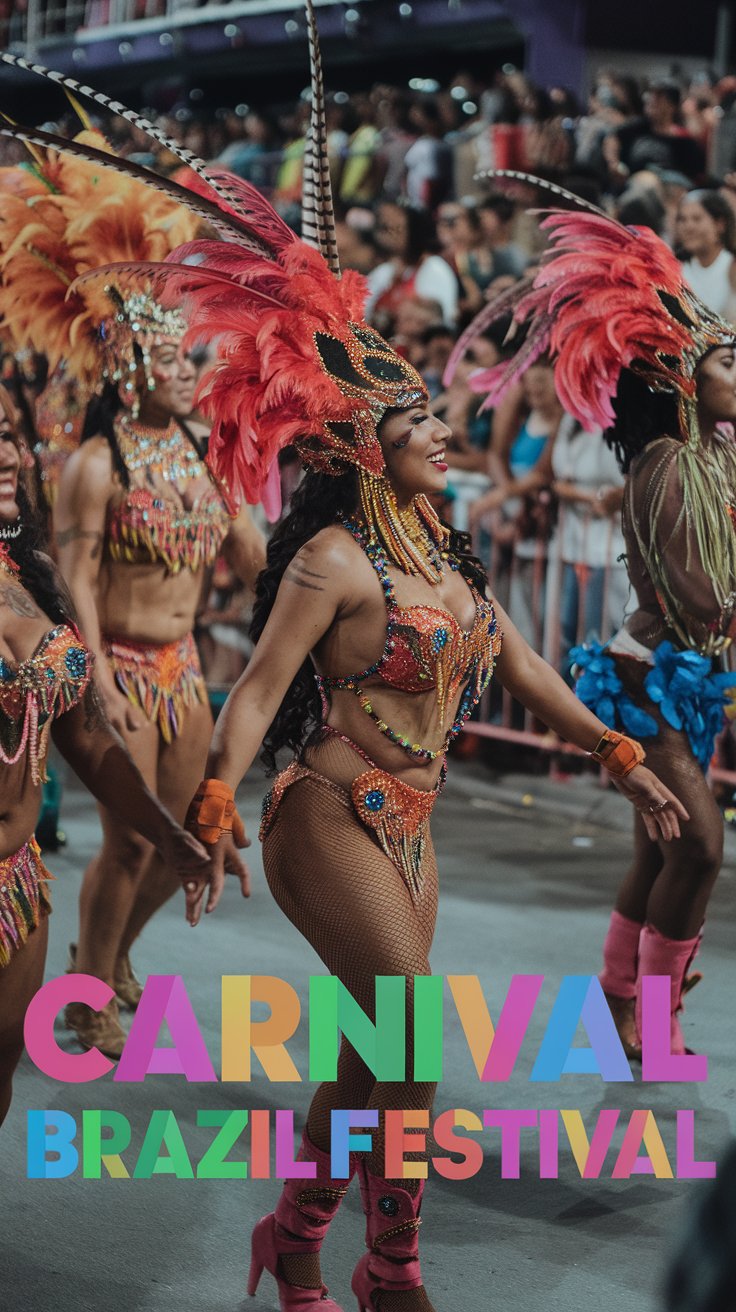Dancers in vibrant, colorful feathered costumes perform in a parade during the Brazil Carnival Festival. They smile and move energetically with crowds in the background and Carnival Brazil Festival text overlayed on the image.