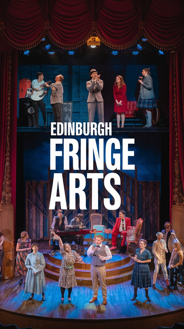 A theater stage with performers in various costumes engaging in a lively scene. The backdrop features dramatic lighting. The text Edinburgh Fringe Arts is prominently displayed in the center.