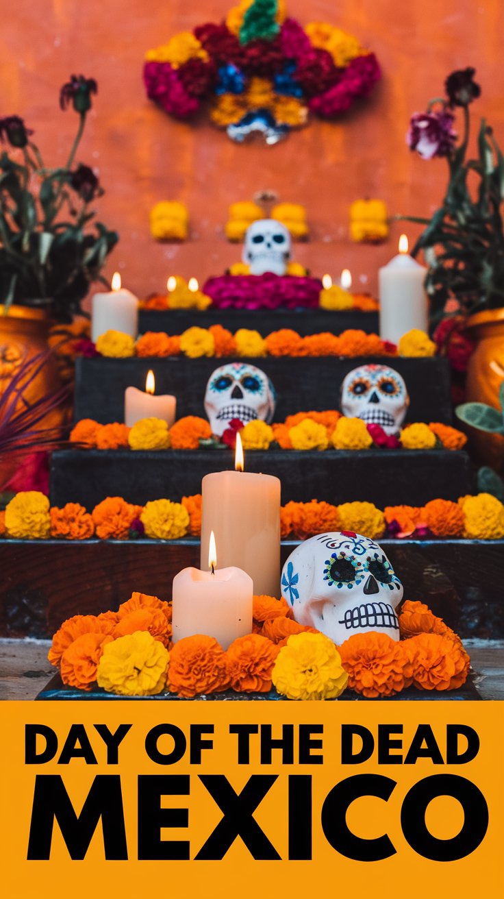 A Day of the Dead altar in Mexico decorated with colorful sugar skulls, lit candles, and vibrant orange marigold flowers against an orange wall. Bold text at the bottom reads Day of the Dead Mexico.
