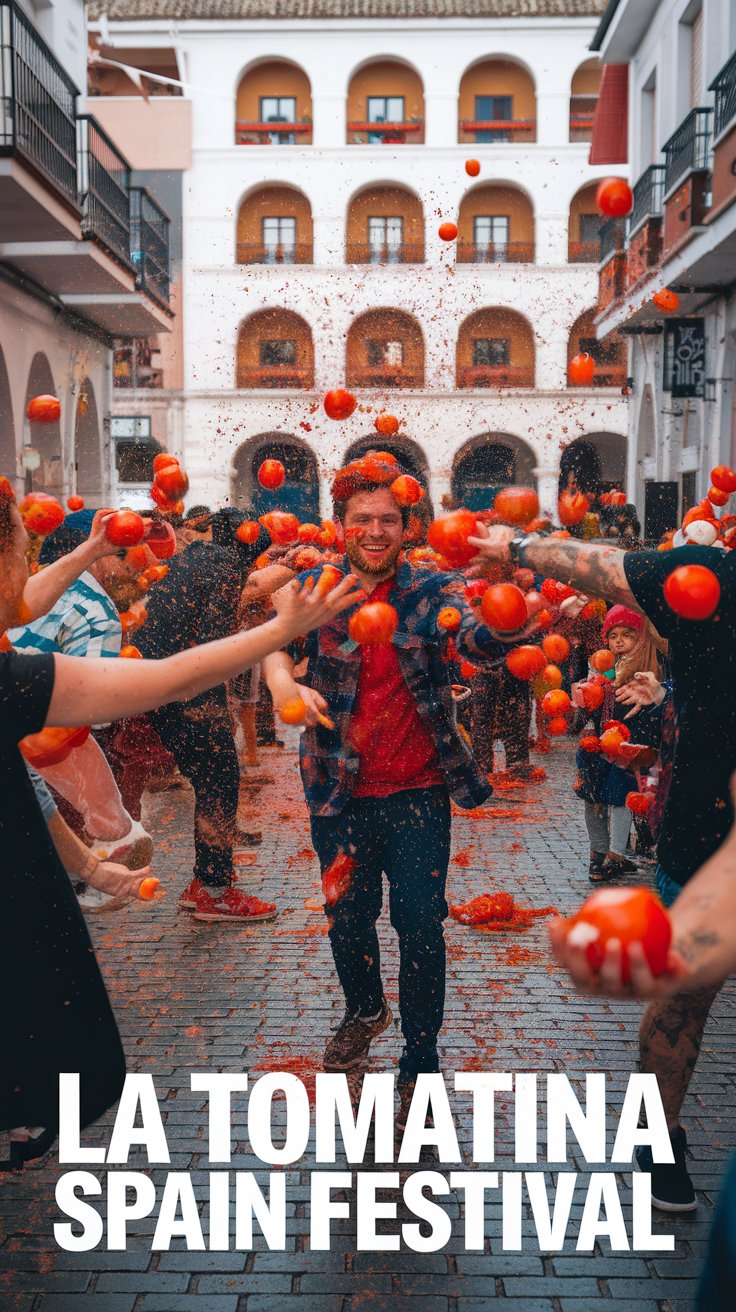 People joyfully throw tomatoes at each other in a street during La Tomatina festival in Spain. Surrounded by buildings, the scene is vibrant and lively with splashes of red. The crowd is actively participating in the tomato fight.