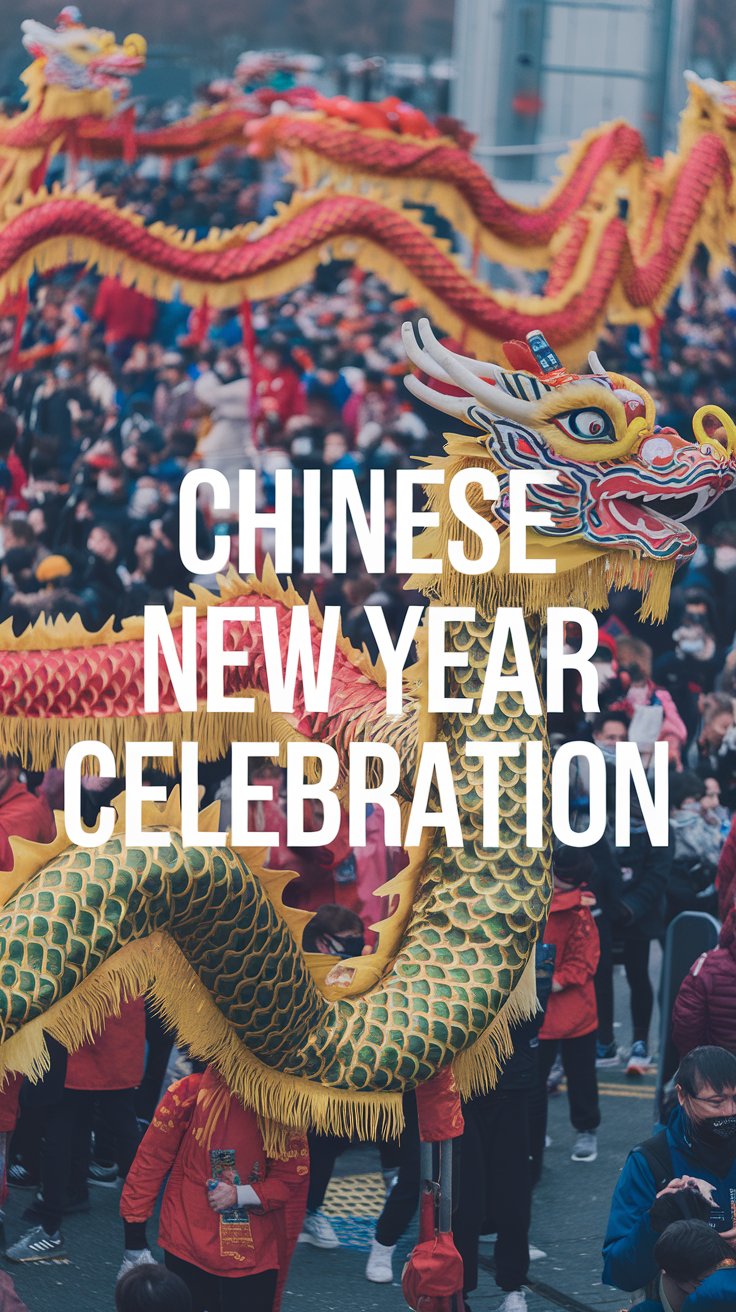 A vibrant Chinese New Year celebration featuring a large, colorful dragon puppet carried by performers in a crowded street. The crowd is dressed in festive clothing and the atmosphere is lively and exuberant.