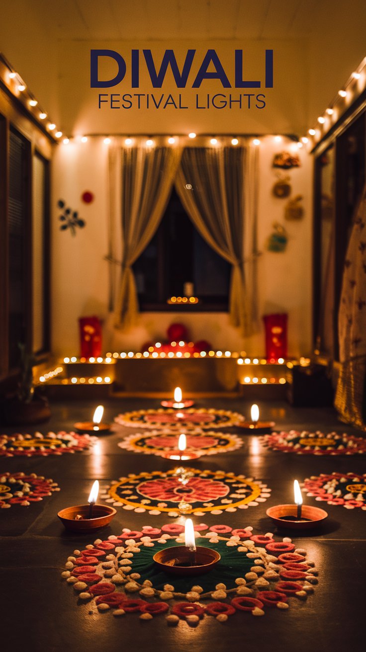A warmly lit room decorated for Diwali. Rangoli patterns with candles are on the floor. String lights adorn the walls and windows. Curtains are drawn open, and small decorative items are visible. Text at the top reads Diwali Festival Lights.