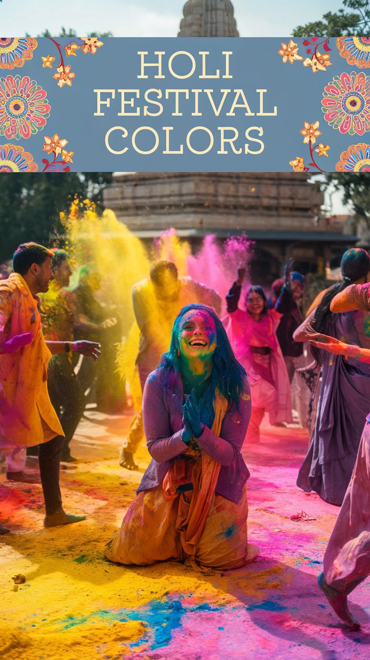 A vibrant Holi celebration with people joyfully throwing colorful powders in the air. The central figure, covered in bright hues, is smiling broadly. The scene is filled with color and energy, with a temple in the background. The banner reads Holi Festival Colors.