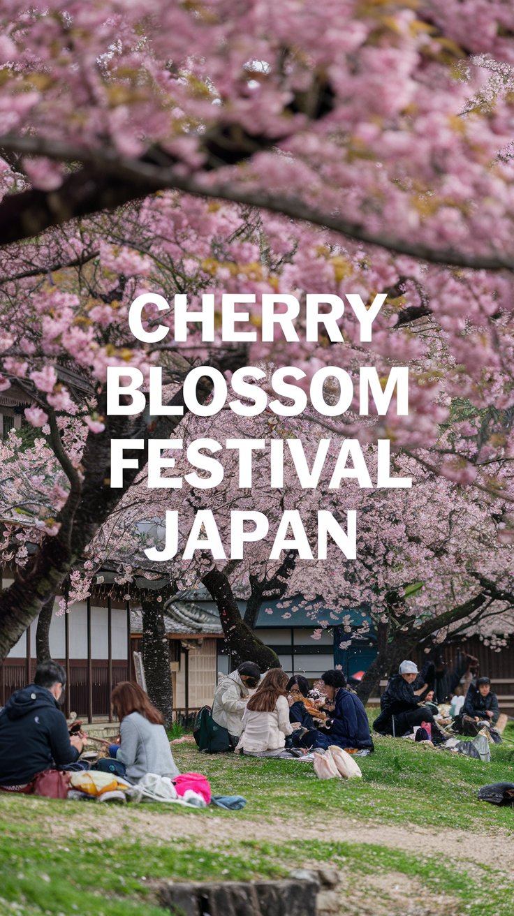 People enjoying a picnic under blooming cherry blossom trees with pink flowers. The text Cherry Blossom Festival Japan is overlaid on the image.