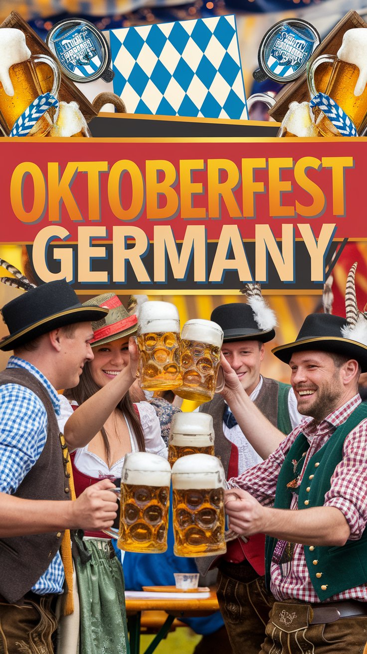 A group of people in traditional Bavarian attire cheerfully clinking large beer mugs at Oktoberfest in Germany. The background features a banner with mugs and a Bavarian checkered pattern.