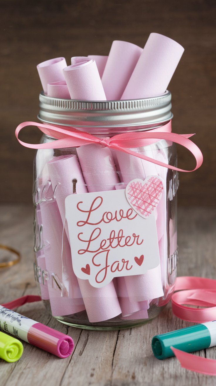 A mason jar filled with rolled pink notes, tied with a pink ribbon. A label reading Love Letter Jar with a heart design is attached. Colorful markers and ribbon lie beside the jar on a wooden surface.