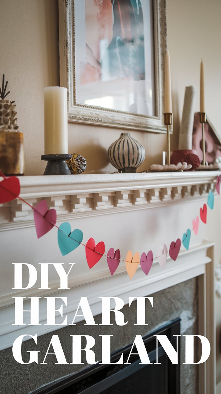 A white mantle is decorated with a garland of red, pink, and teal hearts. It is adorned with candles, a striped vase, and art pieces. The text reads DIY Heart Garland.