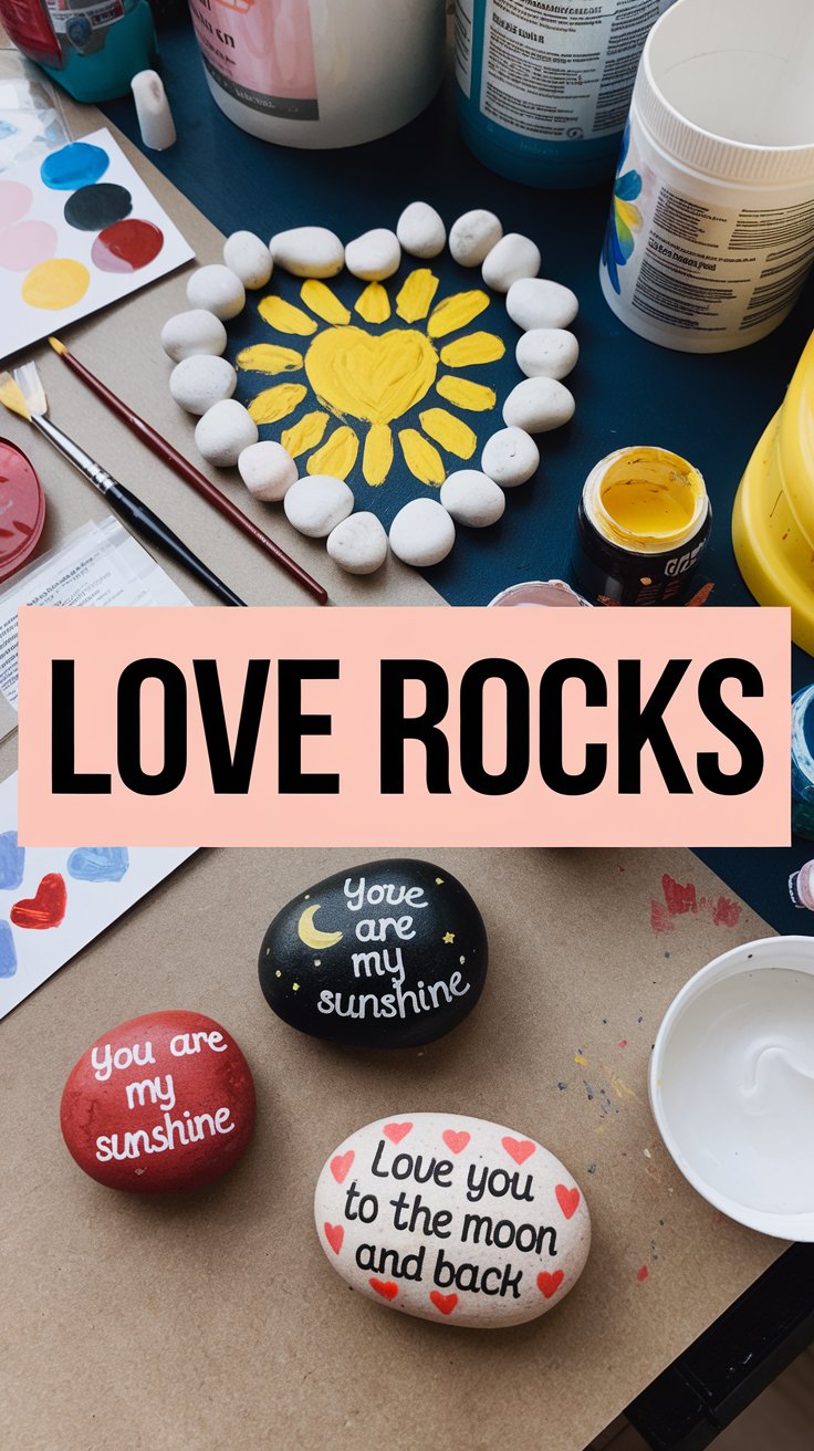 Painted rocks with phrases You are my sunshine and love you to the moon and back sit on a table. A large rock painted with a yellow sunflower is surrounded by small white stones. Art supplies like brushes and paints are scattered around.