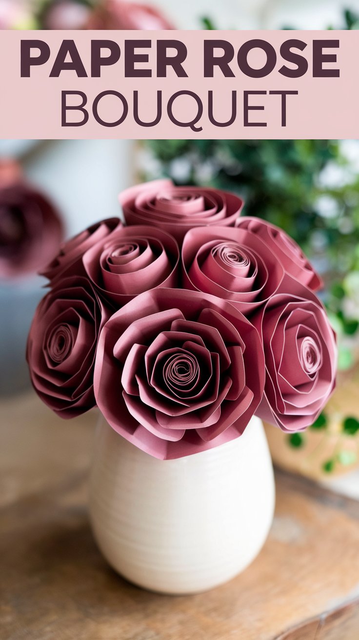 A bouquet of pink paper roses arranged in a simple, cream-colored vase is displayed on a wooden surface. The flowers spiral design is prominently visible. A blurred background with greenery enhances the composition. Text at the top reads Paper Rose Bouquet.