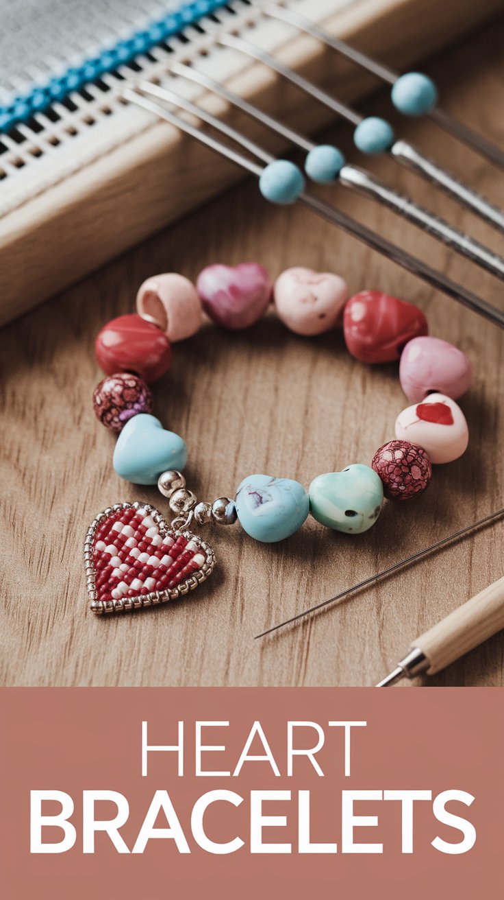 A handmade bracelet with multicolored heart-shaped beads and a red heart charm lies on a wooden surface. Nearby are tools and a loom used for crafting. Text at the bottom reads Heart Bracelets.