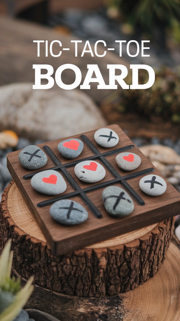 A wooden tic-tac-toe board with painted stones sits on a tree stump. Stones feature red hearts and black Xs, arranged on the boards grid. The word BOARD is prominently displayed above the game in white text.