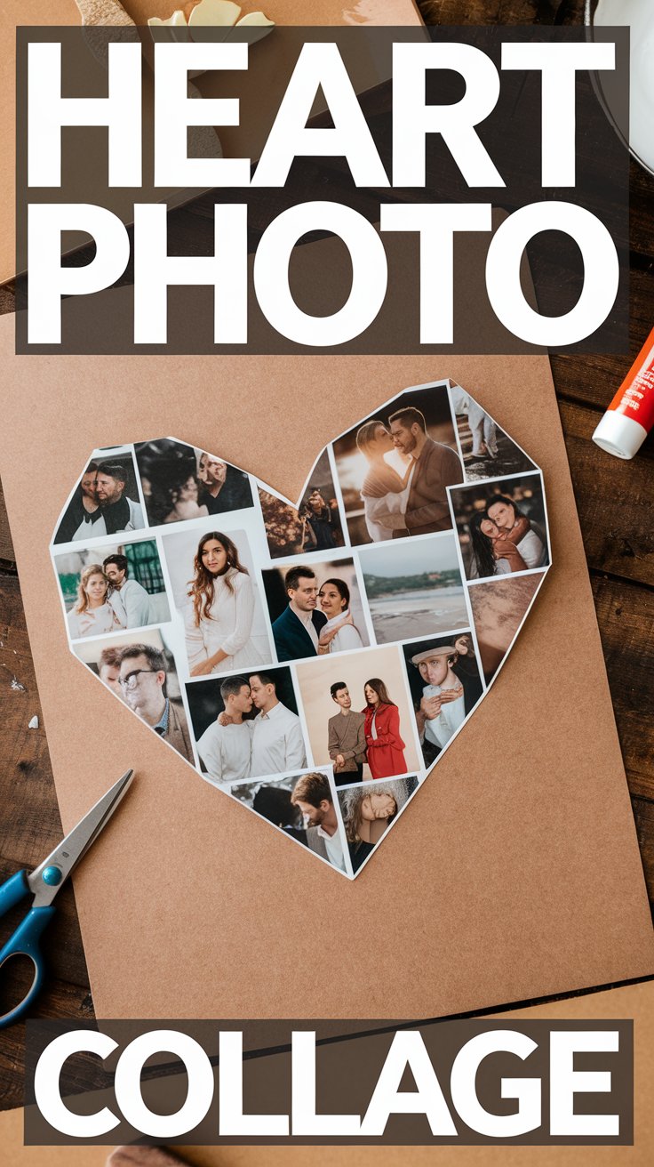 A heart-shaped photo collage featuring various small pictures is placed on a brown paper background. Scissors and a glue stick are nearby on the wooden table. The top and bottom text reads Heart Photo Collage.