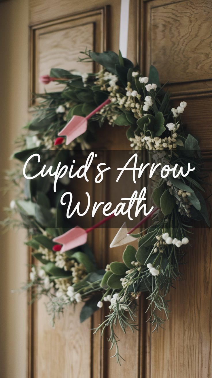 A wreath made of green leaves and white flowers is adorned with pink arrows. It hangs on a wooden door. The text Cupids Arrow Wreath is overlaid on the image.
