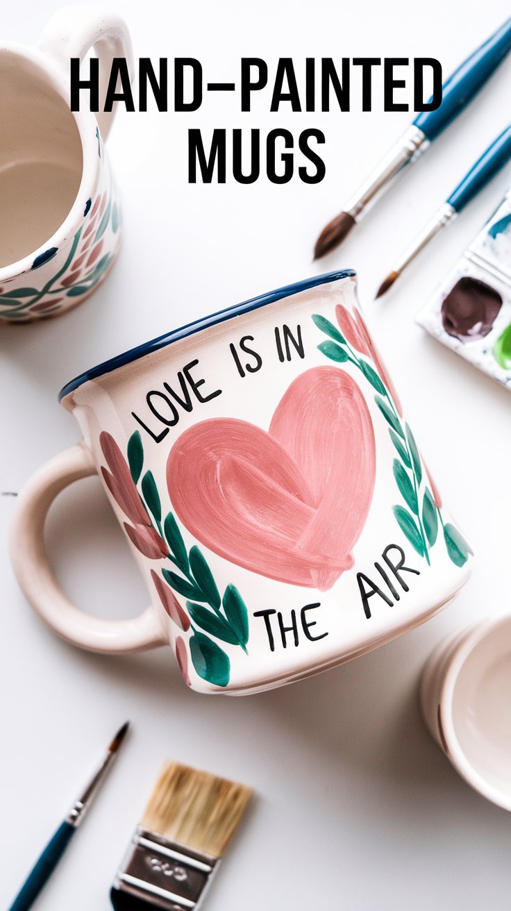 A hand-painted mug with a large pink heart, surrounded by green leaves, and the phrase LOVE IS IN THE AIR. Nearby are paintbrushes, another mug with a floral design, and a small paint palette. Text above reads HAND-PAINTED MUGS.