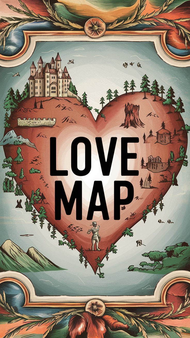 Illustrated map with a heart shape featuring landmarks like a castle, trees, and buildings. The words Love Map are prominently displayed in the center. The border has an ornate design with flowers and leaves. Colors are earthy and vibrant.