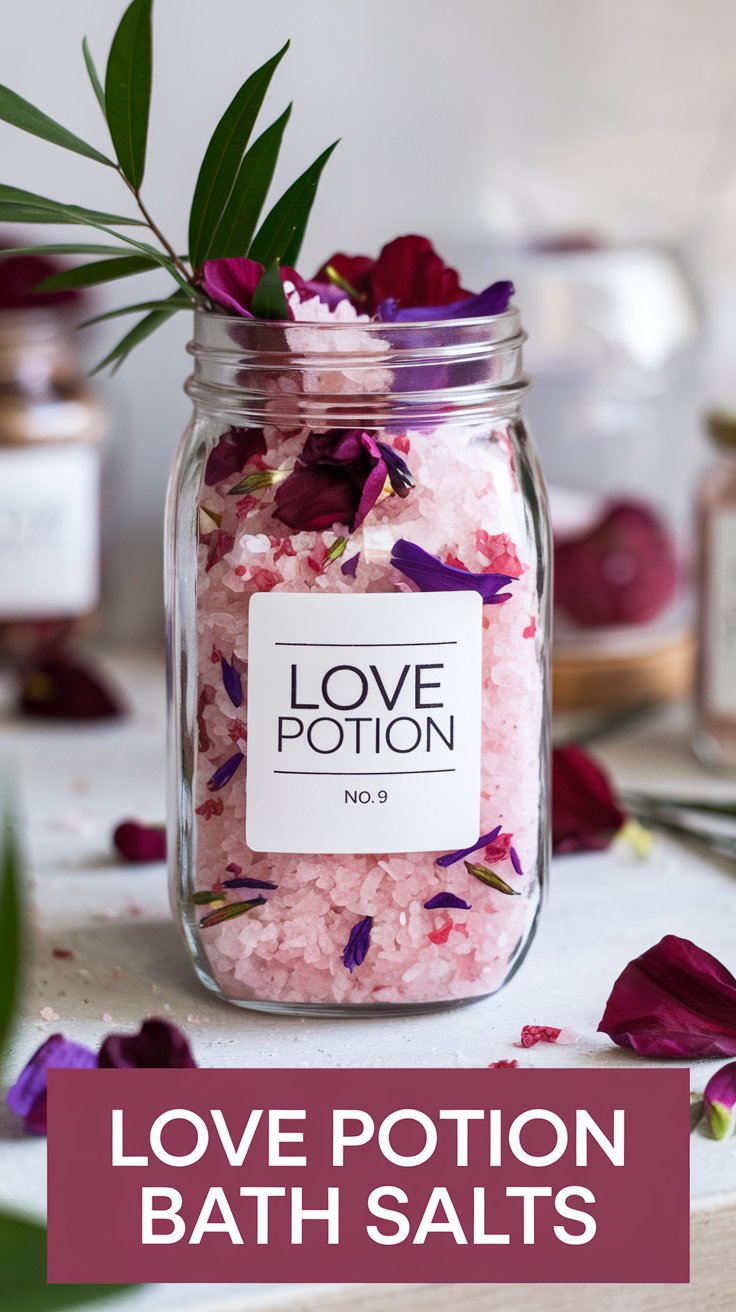 A glass jar labeled Love Potion No. 9 is filled with pink bath salts and red flower petals. It is surrounded by scattered petals and similar jars. The text Love Potion Bath Salts is at the bottom.