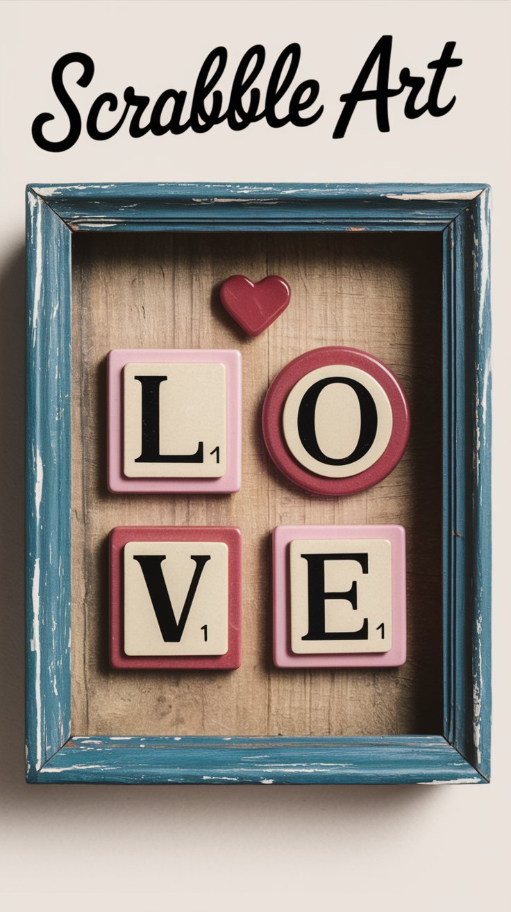 A framed artwork with Scrabble tiles spelling LOVE in a wooden frame with a blue border. A red heart sits above the tiles. The text Scrabble Art is at the top.