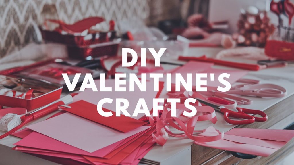 A table filled with red and pink crafting supplies, including paper, scissors, ribbons, and glue. The words DIY VALENTINES CRAFTS are displayed prominently over the image.