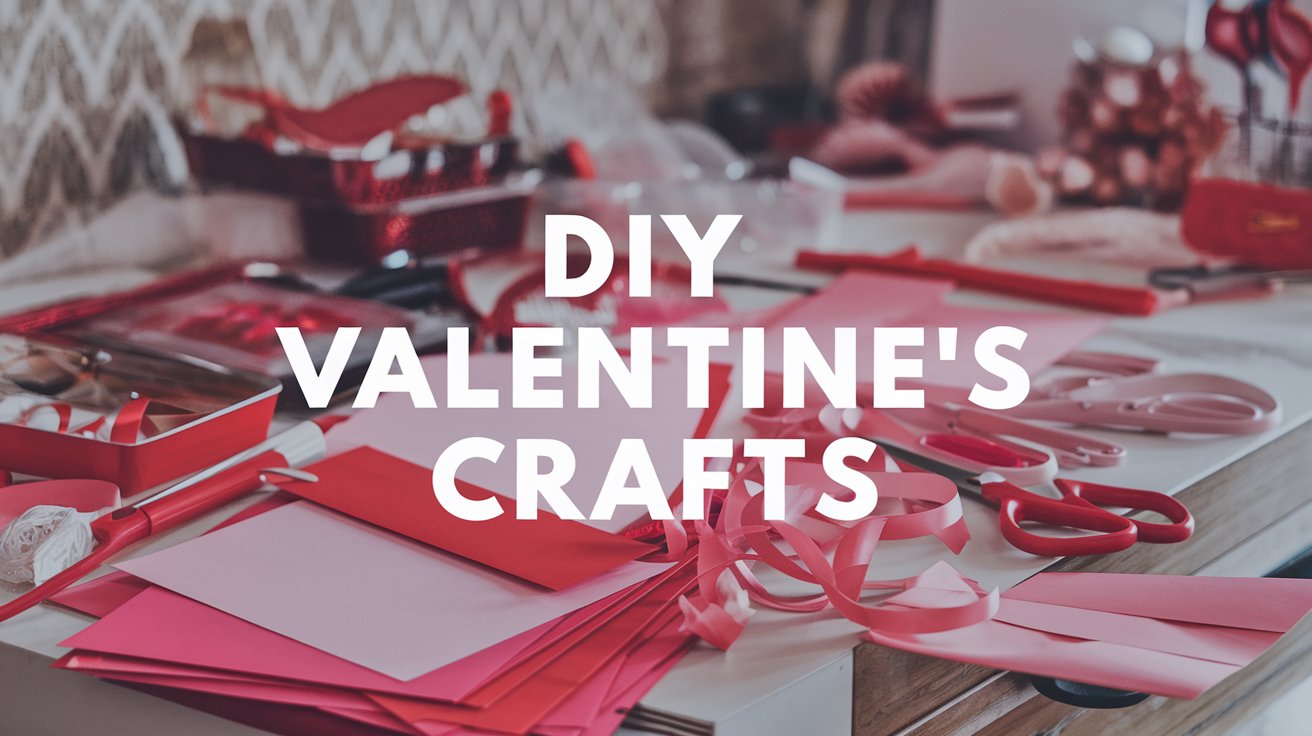 A table filled with red and pink crafting supplies, including paper, scissors, ribbons, and glue. The words DIY VALENTINES CRAFTS are displayed prominently over the image.