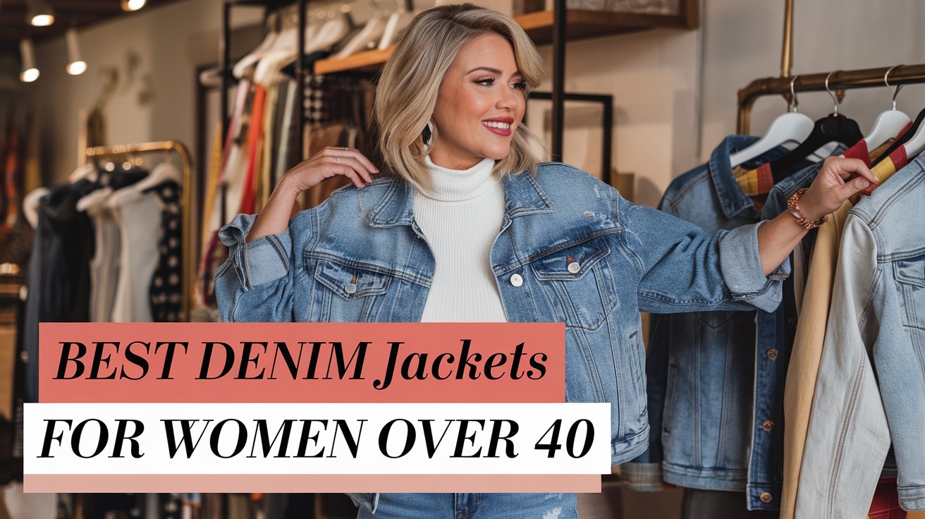 A woman with blonde hair wearing a white turtleneck and denim jacket browses through clothing on a rack. The text reads, BEST DENIM Jackets FOR WOMEN OVER 40.