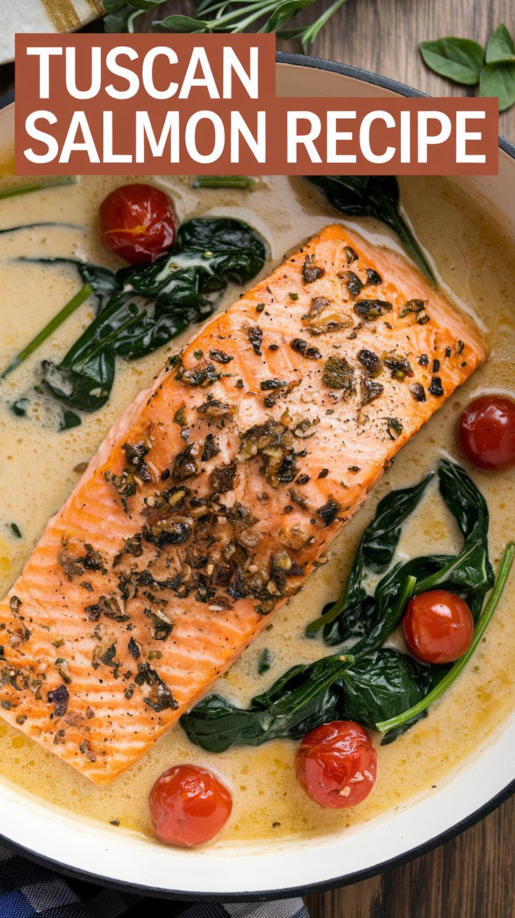 A cooked salmon fillet with seasonings sits in a creamy sauce, surrounded by wilted spinach and cherry tomatoes. The text at the top reads, Tuscan Salmon Recipe.
