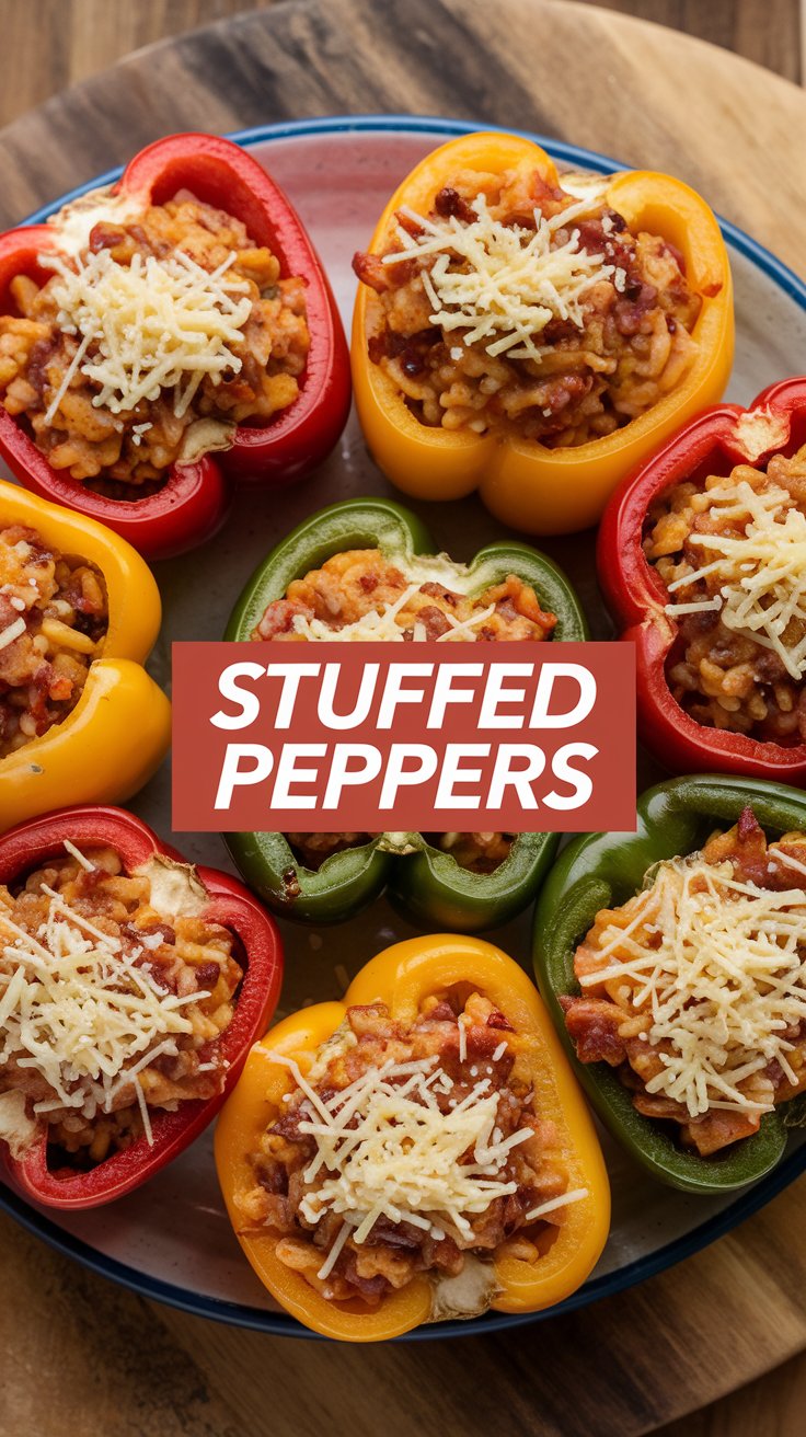 A plate of colorful stuffed peppers, including red, yellow, and green varieties, filled with a savory mixture topped with shredded cheese. The text STUFFED PEPPERS is overlaid on the image.