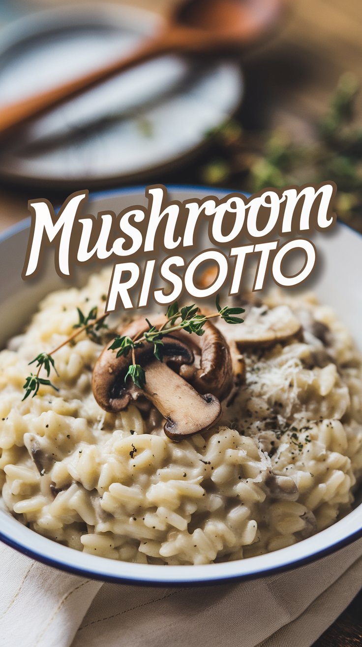 A bowl of creamy mushroom risotto garnished with sliced mushrooms and sprigs of thyme. The dish is in focus, with a blurred background featuring plates and utensils. The text Mushroom Risotto is overlayed on the image.