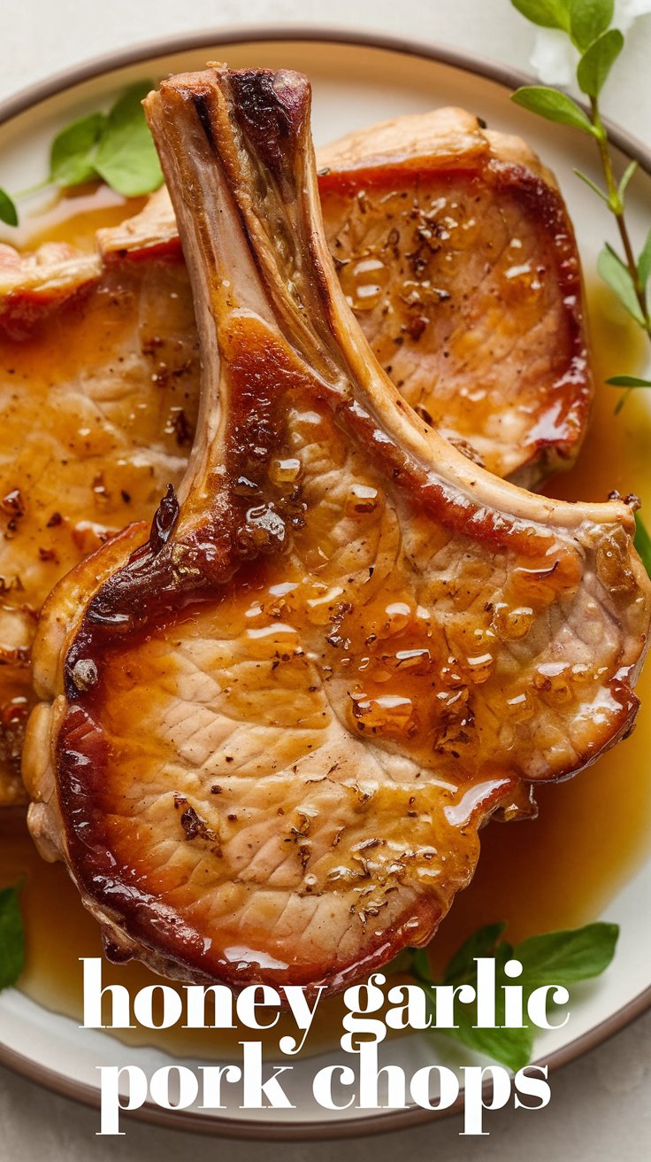 Close-up of juicy honey garlic pork chops on a white plate, garnished with fresh herbs. The chops are golden-brown and glazed, with visible seasonings. Text at the bottom reads honey garlic pork chops.