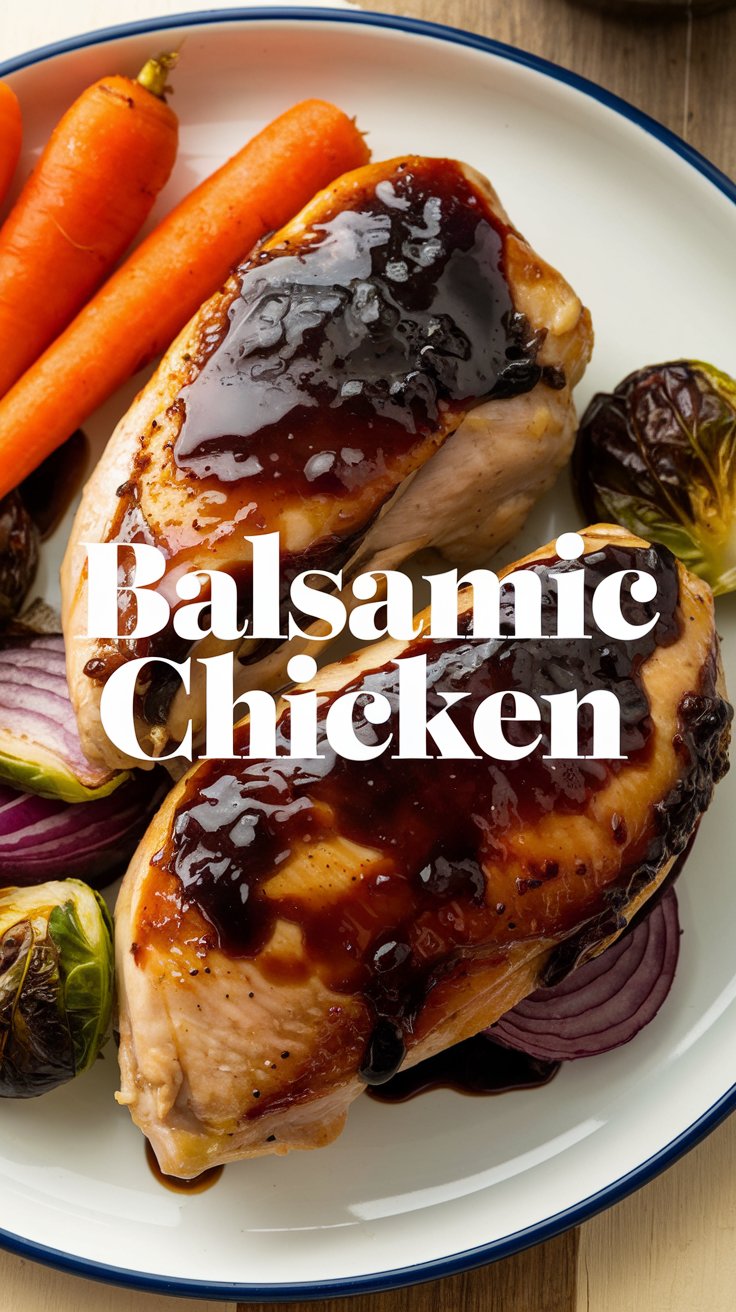 A plate of balsamic glazed chicken breasts, accompanied by sliced red onions, Brussels sprouts, and whole carrots. The text Balsamic Chicken is overlaid on the image.
