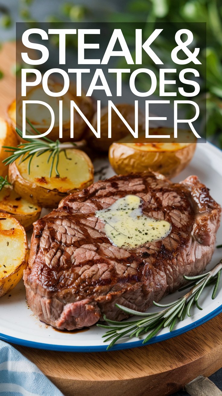 A juicy steak topped with melting herb butter is served on a plate with roasted potatoes garnished with rosemary. The image is overlaid with text that reads Steak & Potatoes Dinner.