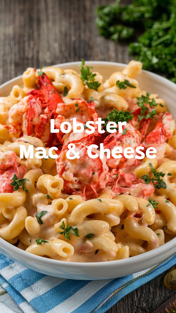 A bowl of creamy lobster mac and cheese with elbow pasta, garnished with herbs. The dish is placed on a wooden surface with some green foliage in the background. Text overlay reads Lobster Mac & Cheese.