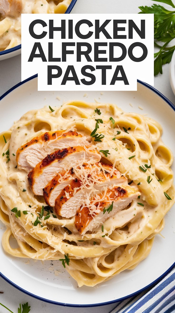 A bowl of creamy chicken Alfredo pasta, topped with slices of grilled chicken and garnished with grated Parmesan and herbs. A sprig of parsley and additional plates are visible in the background. .