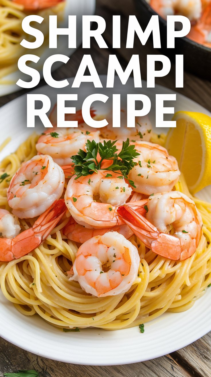 Plate of shrimp scampi on a bed of spaghetti, garnished with parsley and a lemon wedge. Large text above reads Shrimp Scampi Recipe.
