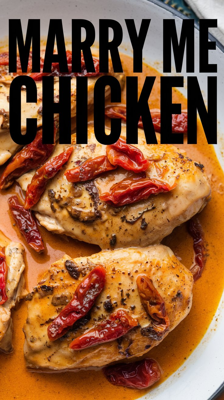 Close-up of a dish called Marry Me Chicken, featuring cooked chicken breasts in a creamy sauce, topped with sun-dried tomatoes. Bold black text overlays the top reading MARRY ME CHICKEN.