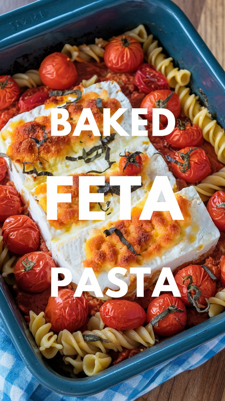 A baking dish with baked feta pasta, featuring a block of feta cheese, cherry tomatoes, and fusilli pasta. The words BAKED FETA PASTA are overlayed on the image. The dish is placed on a wooden surface with a blue checkered cloth.