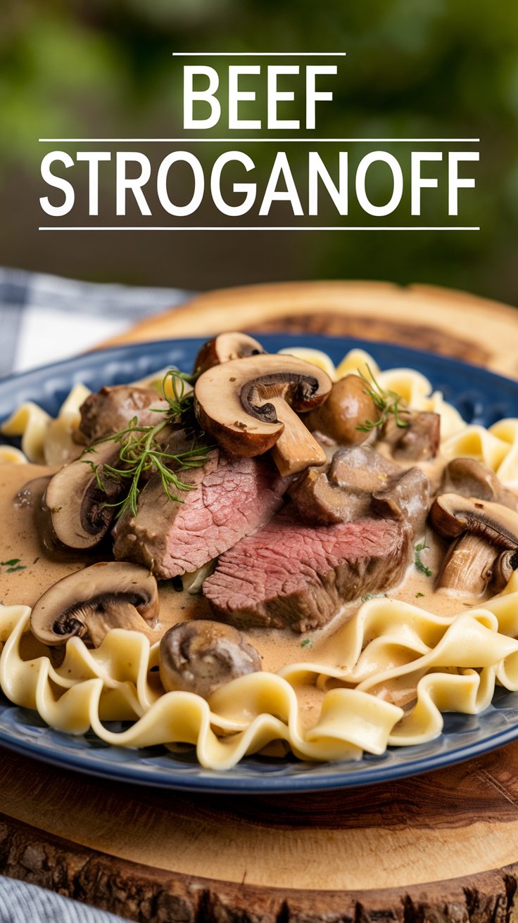 A plate of beef stroganoff with sliced beef, mushrooms, and creamy sauce, served over wide egg noodles. The dish is garnished with fresh dill. Text at the top reads Beef Stroganoff.