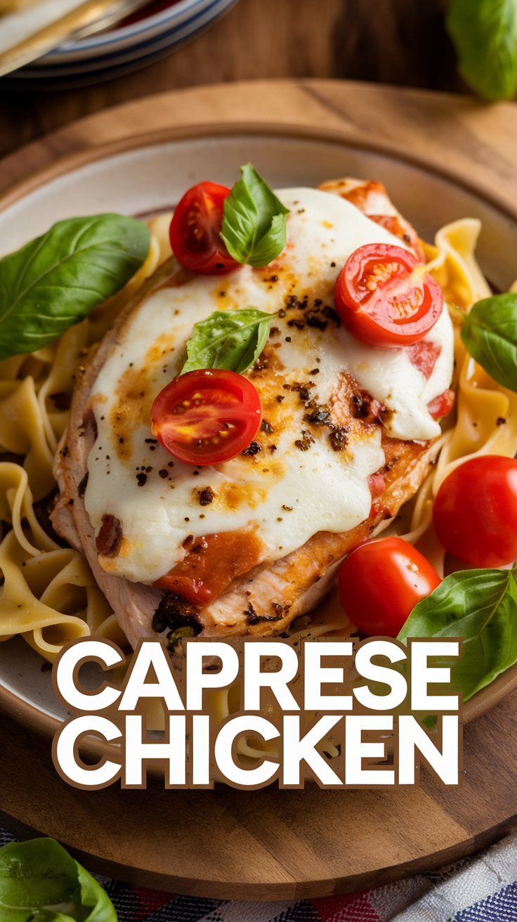 A plate of Caprese chicken topped with melted cheese, cherry tomatoes, and basil leaves, served over pasta. The text Caprese Chicken is written at the bottom.