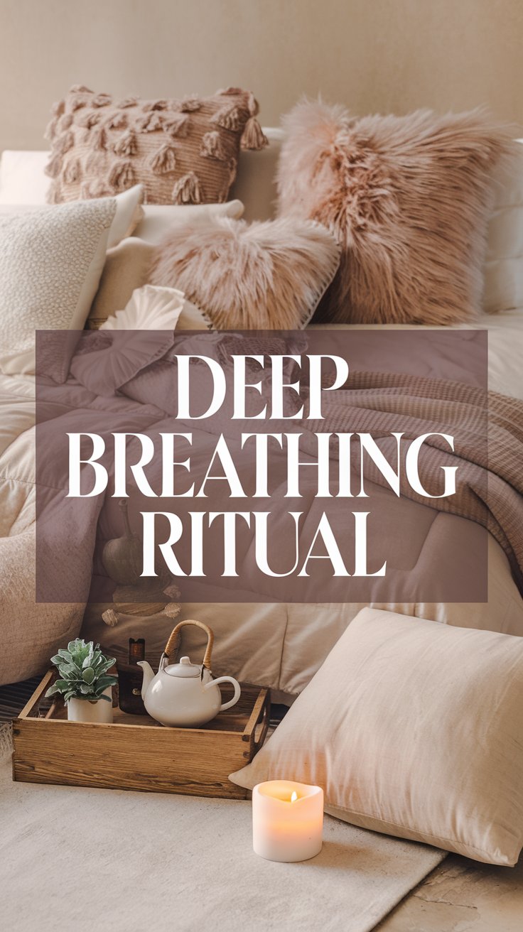 A cozy scene with a bed covered in soft pillows and throws in neutral tones. A wooden tray with a teapot, mug, and small plant is on the bed. A lit candle sits nearby. Overlay text reads, Deep Breathing Ritual.