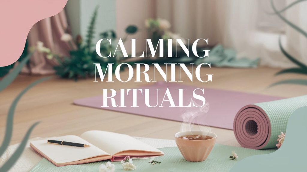 An open notebook and pen sit on a yoga mat next to a steaming cup of tea. The background shows another yoga mat and soft, pink and green decor. Text reads Calming Morning Rituals.