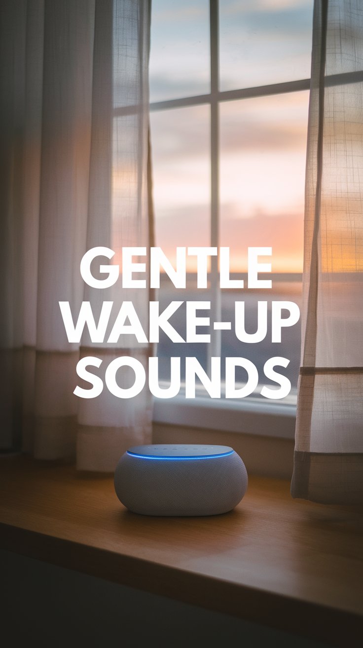 A smart speaker is placed on a windowsill with sheer curtains, displaying the text GENTLE WAKE-UP SOUNDS over a peaceful sunrise sky visible through the window.