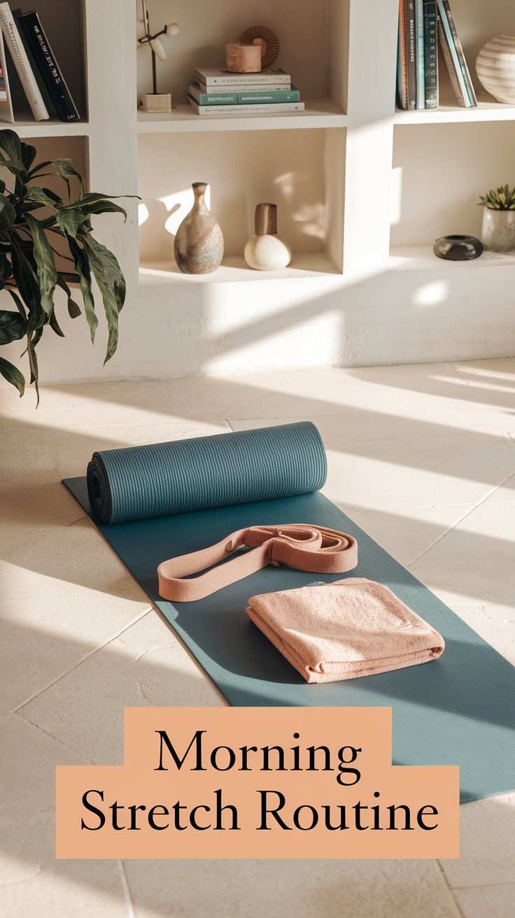 A yoga mat is laid out on a sunlit floor with a rolled towel and a stretch strap on top. Shelves with books and decorative items are in the background. Text at the bottom reads, Morning Stretch Routine.