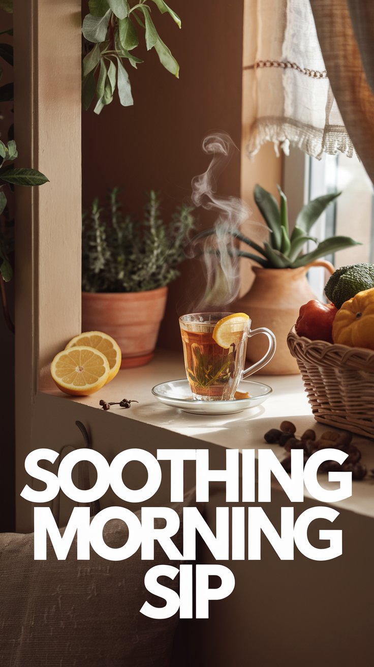 A steaming glass of tea with a lemon slice sits on a window ledge, surrounded by potted plants and a basket of fruits. Sunlight filters through a curtain. Text reads, SOOTHING MORNING SIP.