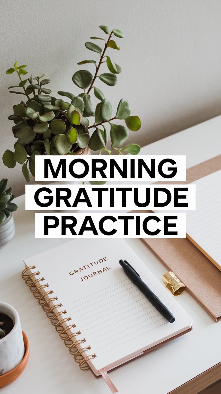 A gratitude journal with a pen rests on a table next to a notebook, a potted plant, and a mug. The text Morning Gratitude Practice is overlaid on the image.